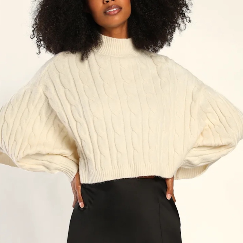 Lulus Cropped Cutie Ivory Cable Knit Cropped Mock Neck Sweater
